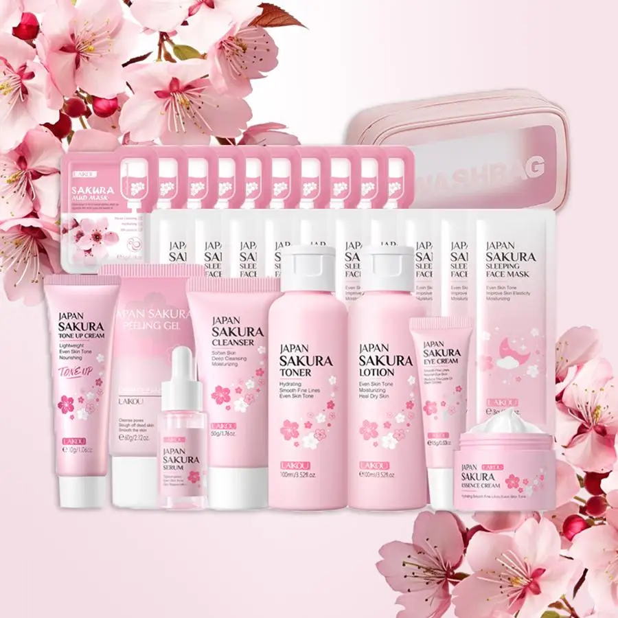 Sakura Skincare Set, 29pcs/set Deep Cleansing & Moisturizing Skin Care Kit, Facial Skin Care Product for Women & Girls