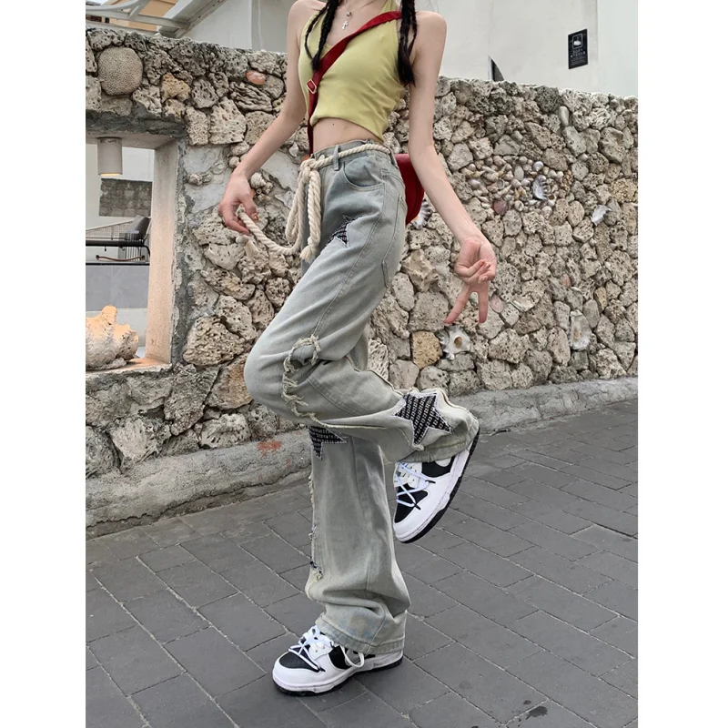 Blue Jeans for Women Printed High Waist American Fashion Y2K Chic Streetwear Wide Leg Jean 2023 Female Trouser Baggy Denim Pants