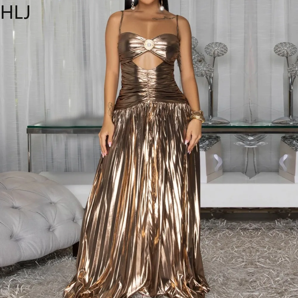 

HLJ Sexy Hollow Out Ruched Patchwork Bodycon Long Dresses Women Spaghetti Strap Backless Dress Female Party Clubwear Vestidos