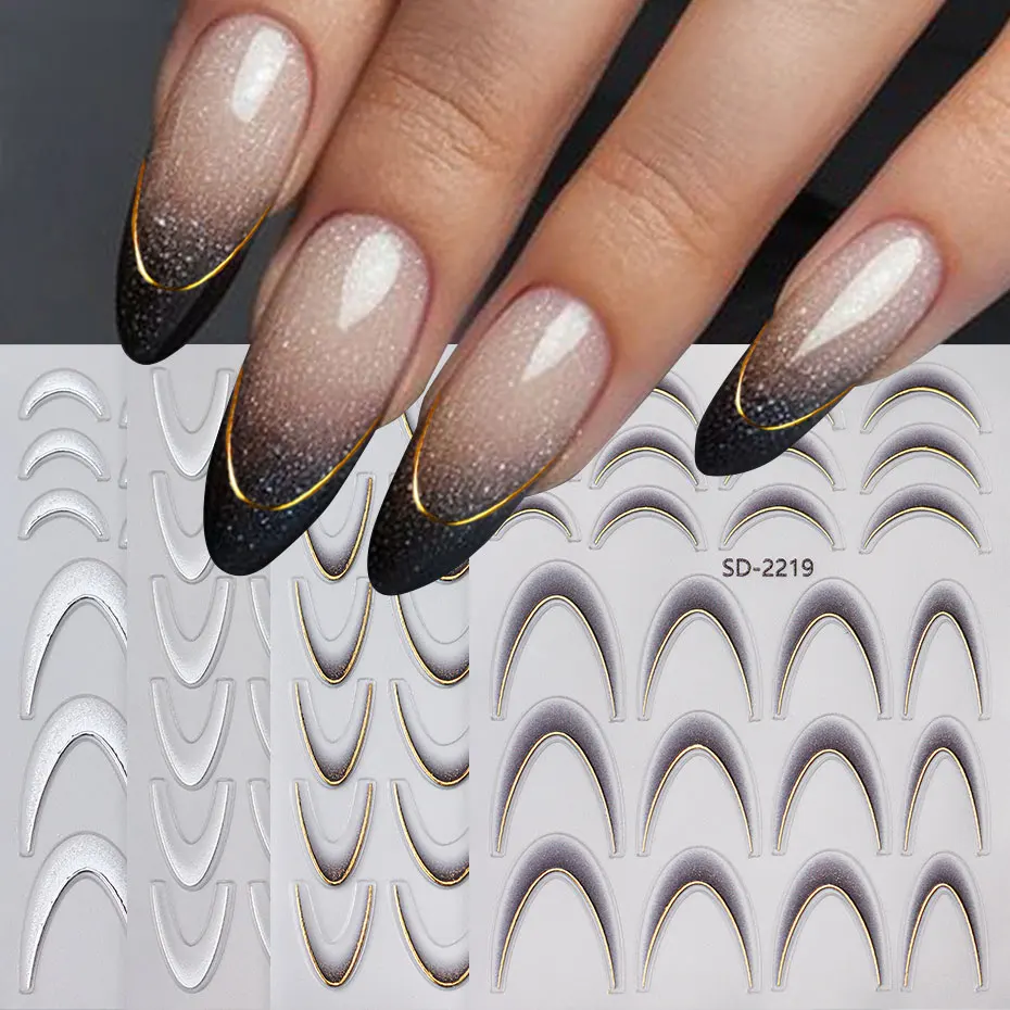 2/4 szt. Gradientowe francuskie naklejki na paznokcie Brozing złoto srebro zakrzywione wzór w paski brokatowa naklejka 3D marzycielski półksiężyc Manicure suwak