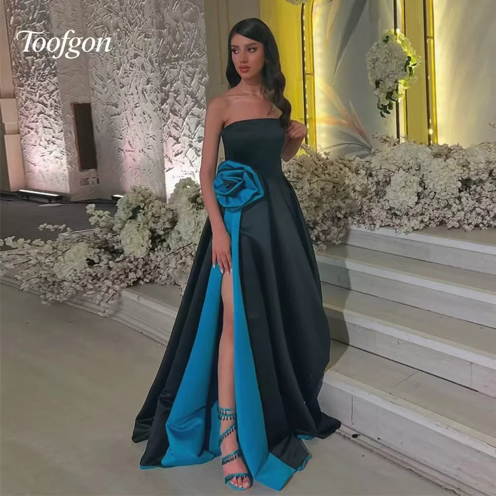

Toofgon Satin Strapless Saudi Arabic Prom Dresses Customized 3D Rose Flowers HIgh Side Slit Women Formal Party Evening Gowns