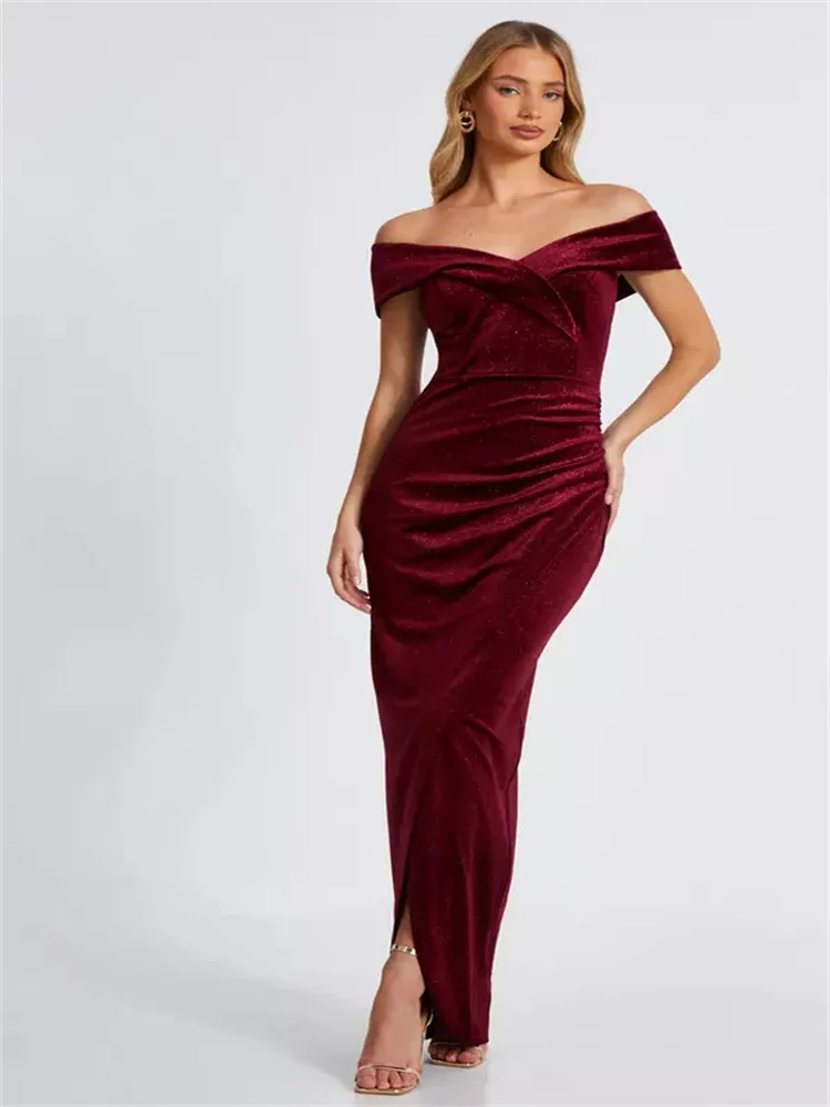 

Customized Simple Dark Red Velvet Fishtail Dress Sleeveless Off-shoulder Hood Neckline Skirt Pleated Slim-fitting Evening Gown