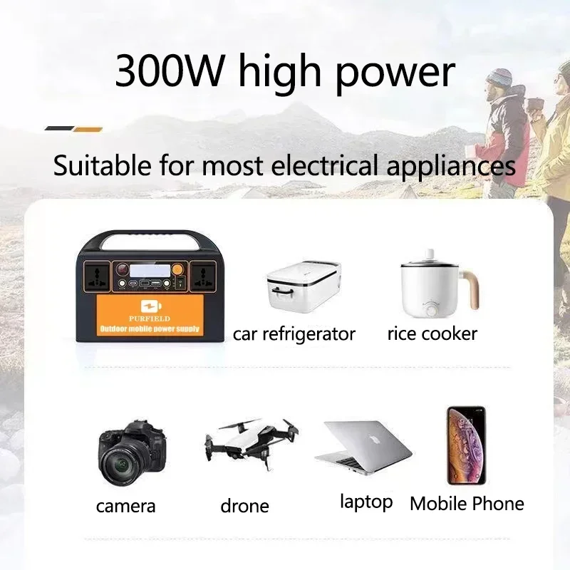 PURFIELD Portable Power Station 220V 110V 300W AC DC Outdoor 315WH Solar Generator 90000mAh/3.7V Battery Emergency Power Supply