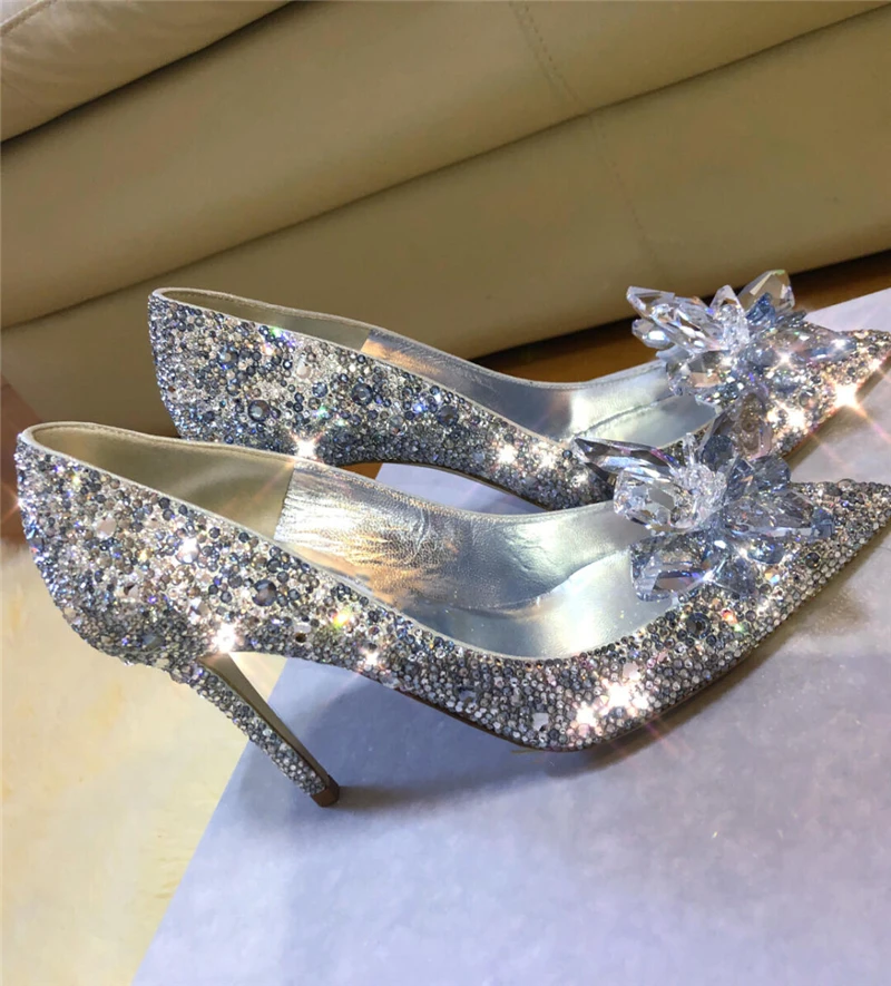 Princess Cosplay Sparkling Crystal Shoes Adults Lace Butterfly Women Wedding Shoes Thin Heel pointed toe high heels