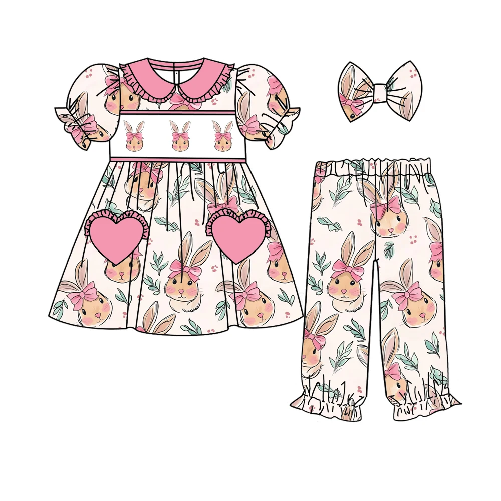 Easter boutique children's suit rabbit leaf print short-sleeved trousers girl suit baby nightgown pajama suit wholesale