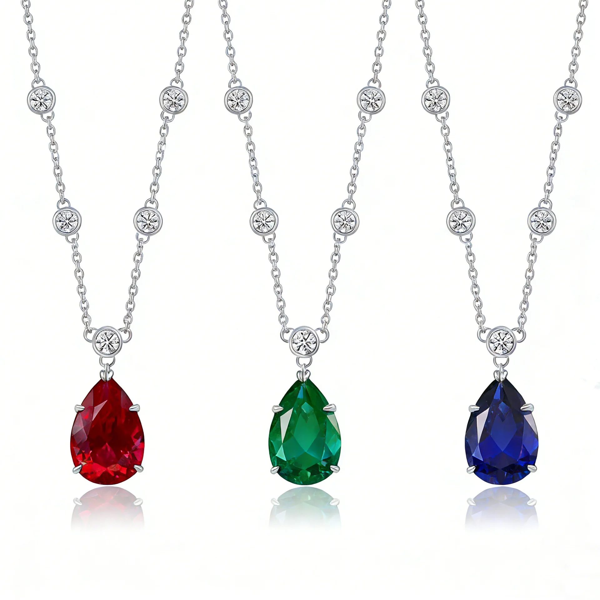 Elegant Pear Cut Emerald Ruby Sapphire Pendant Necklaces for Women Silver Color Chain Crystal Choker Wedding Fine Jewelry Gift
