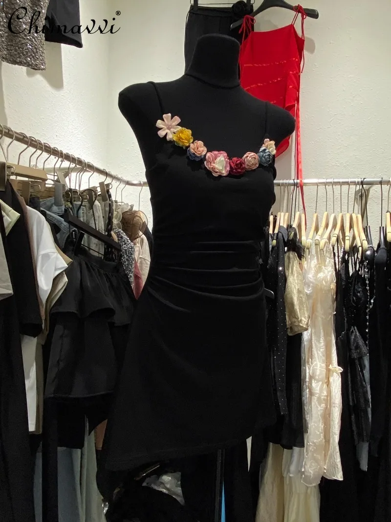 

Тонкое цветочное летнее облегающее черное платье с запахом на бедрах, нерегулярное сексуальное платье на подтяжках для женщин