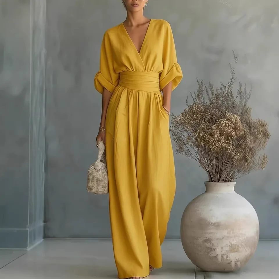 

Elegant Temperament Women Jumpsuit V Neck Slim Waist Solid Color Casual Jumpsuit For Spring Summer