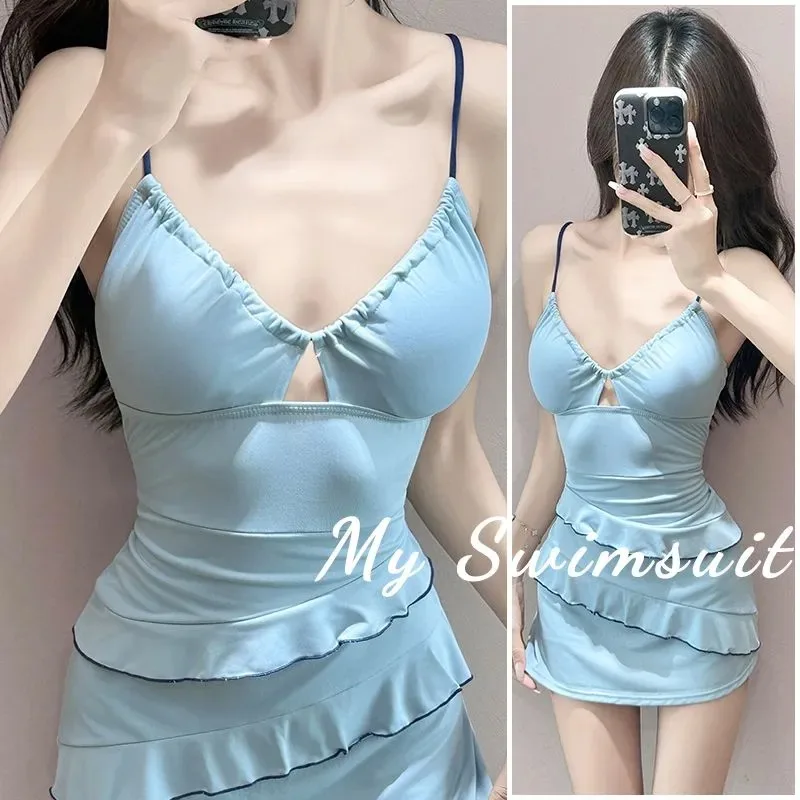 

Women's Sexy Cutout Swimsuit Spaghetti Strap Ruffle Hem Tummy Control French Style Summer Beach Vacation Swimwear