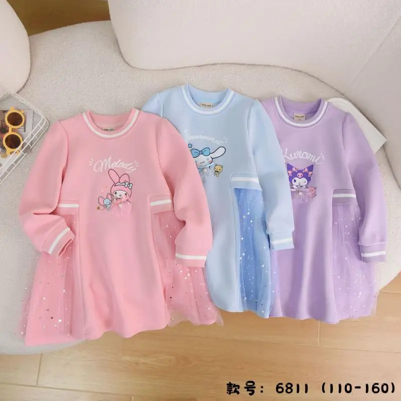 Sanrios Kuromi Girls Long Sleeve Dress Cartoon My Melody Cinnamoroll Autumn Gauze Skirt Preppy Pleated Skirt New Kids Clothes