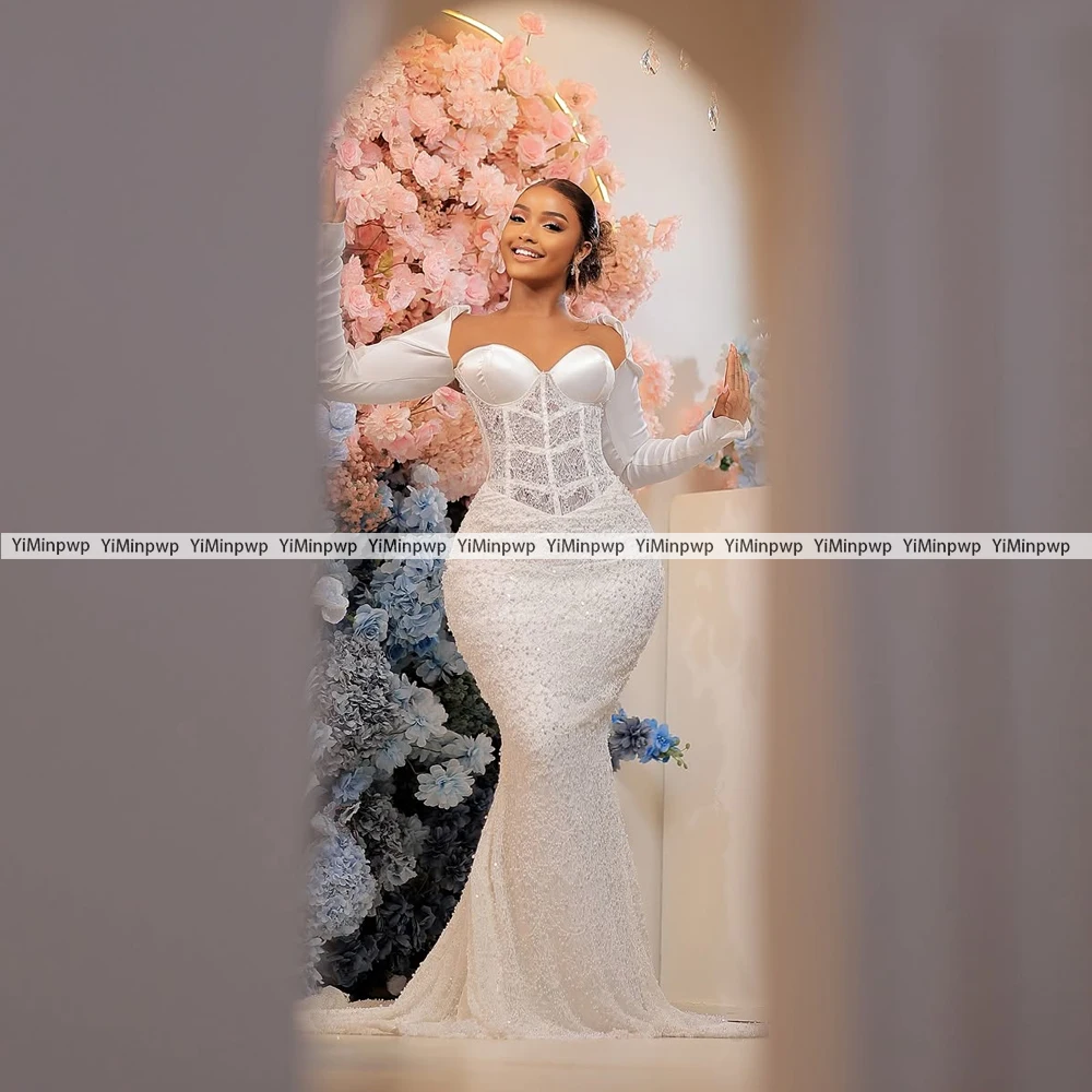 فساتين زفاف فاخرة مخصصة كم طويل أسود بنات مطرز حورية البحر الساتان الحبيب مثير العروس رداء حفلات مخصص