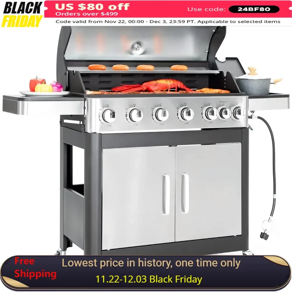 

Barbecue grill,6-Burner Propane Gas with Side Burner & Porcelain-Enameled Cast Iron Grate for Barbecue grill