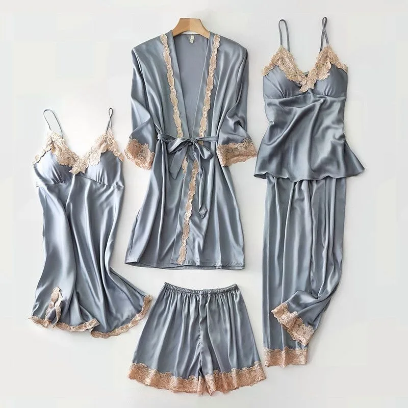 

2023 Summer Autumn Pajamas Women Sexy Four Piece Ice Silk Thin Large Sleeves Pajama Dresses with Chest Pads for External Wear