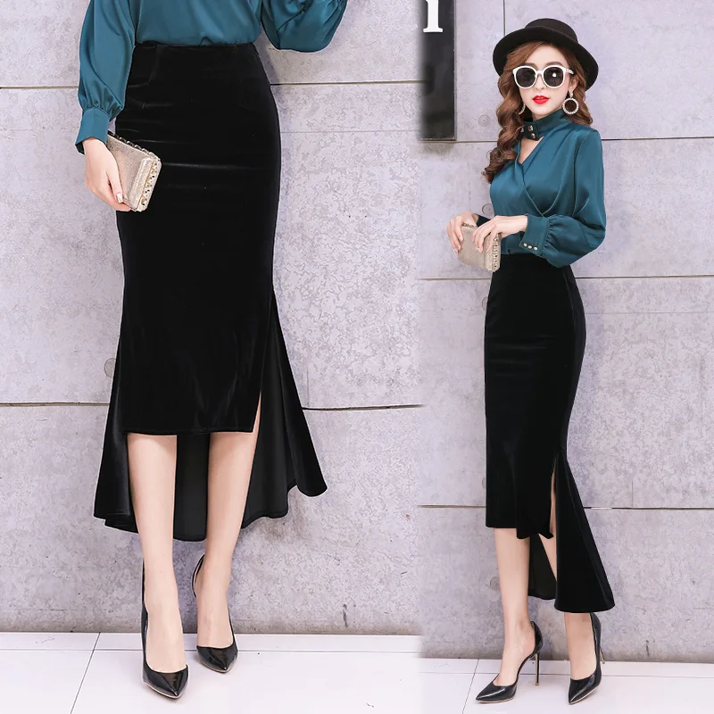 Irregular high waisted velvet wrapped buttocks skirt  fishtail front short back long skirt autumn and winter split