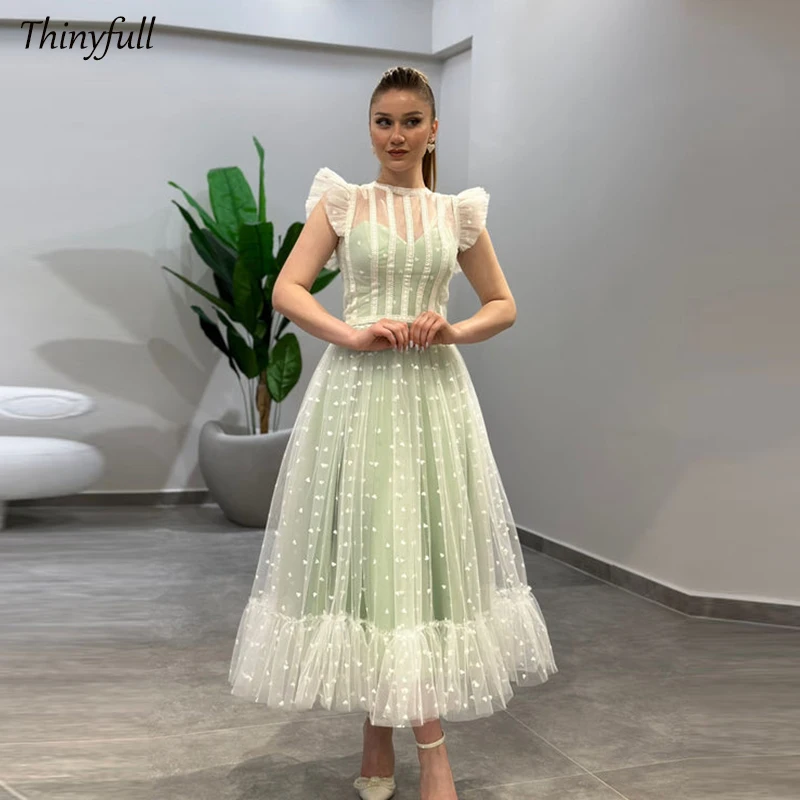 

Thinyfull A-line Prom Dresses O-neck Sleeveless Evening Party Gown Tea-length Button Tulle Special Occasion Dress 2024