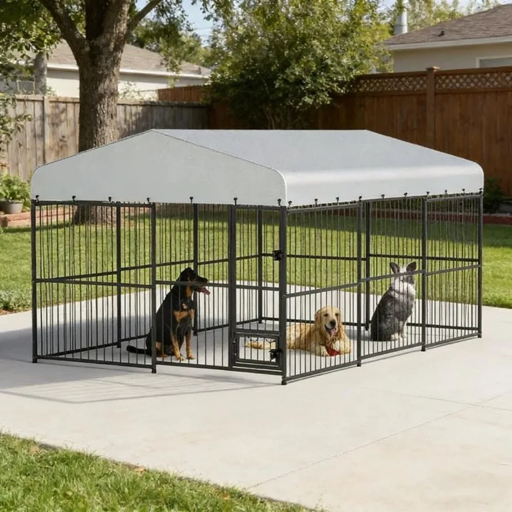 

Large Outdoor Dog Kennel 10x15ft with Waterproof Canopy and Feeding Doors for Backyard Garden