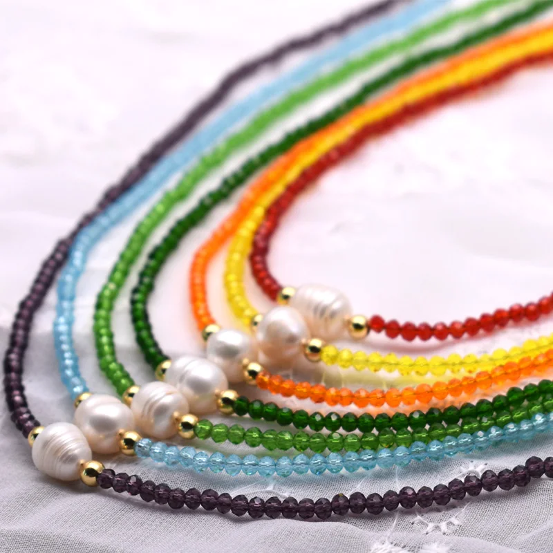 Rainbow Natural Pearl Statement Short Chain Necklace Fashion Shiny Crystal Glass Beads Boho Choker Pendant Collar Female Jewelry