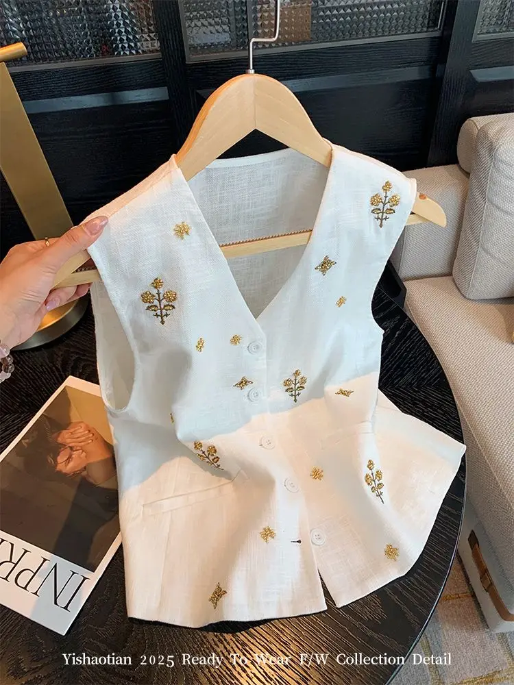 Women's V-Neck Sleeveless Embroidered French Linen Vest Elegant Floral Jacquard Summer Blazer Chic Casual Outwear Resort Wear