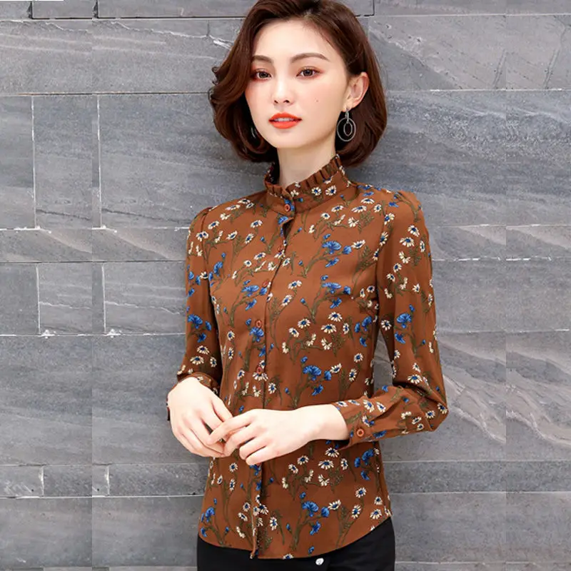 Vintage Printed Stand Collar Ruffled Floral Shirts Women\'s Clothing 2023 Autumn Winter New Loose Casual Tops Office Lady Blouses