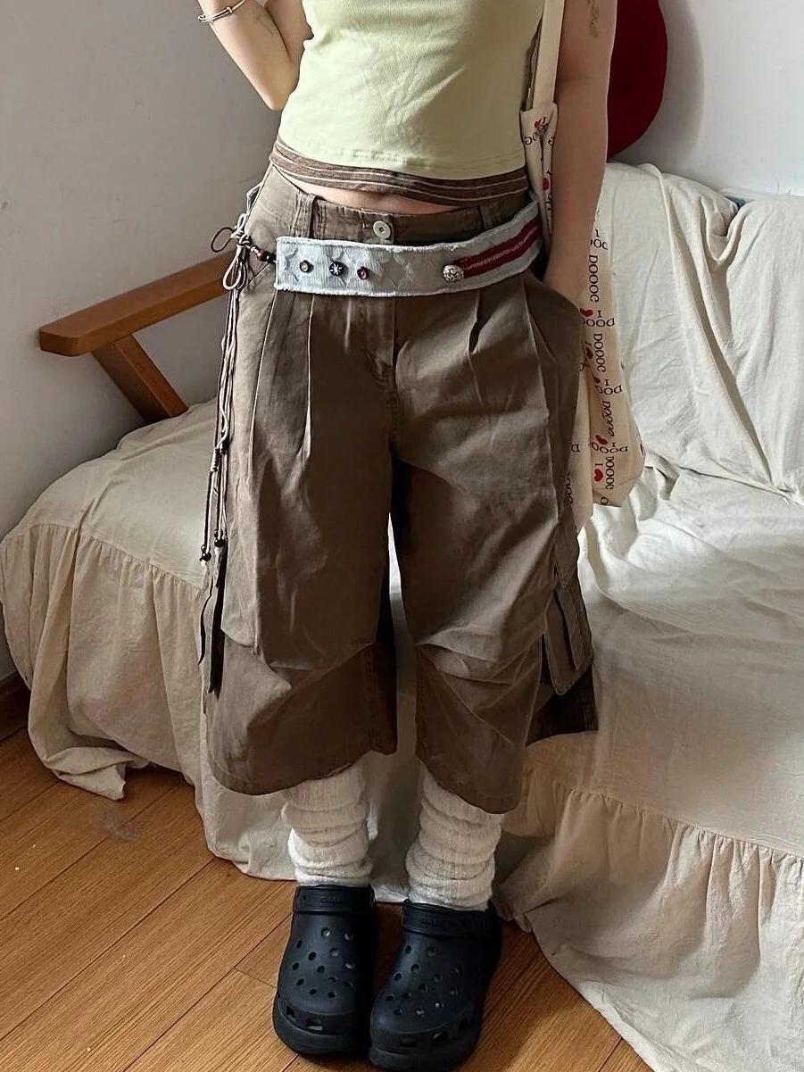 

American Vibe Washed Pocket Working Denim Cropped Pants Women's Street Straight Loose Slimming Wide Legs
