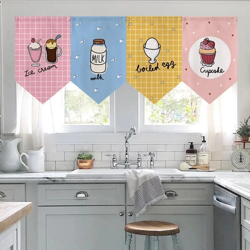 VIKAMA Chinese Funny Food Quote Triangle Noren Curtain, Grid Yellow Hanging Banner for Restaurant Kitchen Cafe Decor