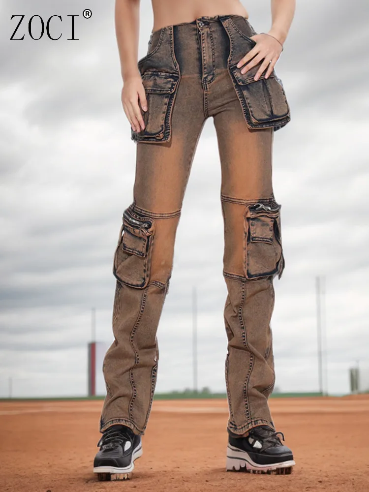 

ZOCI женские потертые джинсы с несколькими карманами, джинсовые брюки-карго, уличные женские длинные узкие брюки в стиле сафари, новинка осени 2023 г.