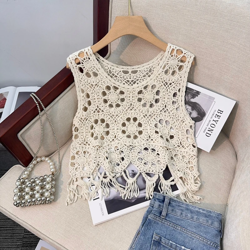 Boho Fringe Crochet Top Sleeveless Open-knit Vest Tops Summer Beach Cover Up Women Vacation Outfit