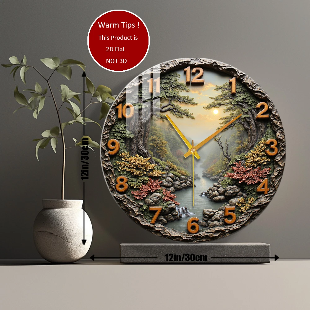Tempered Glass Wall Clock Mountain River Scenery Clock Suitable For Wall Decor or Tabletop Display Anywhere