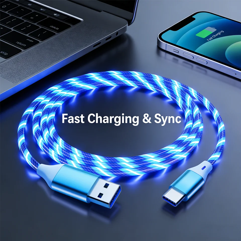 2.4A Glowing Type C Cable For iPhone 15 16  Pro Max LED Light Micro USB Fast Charging Cord For Samsung Xiaomi Phone Charger Wire