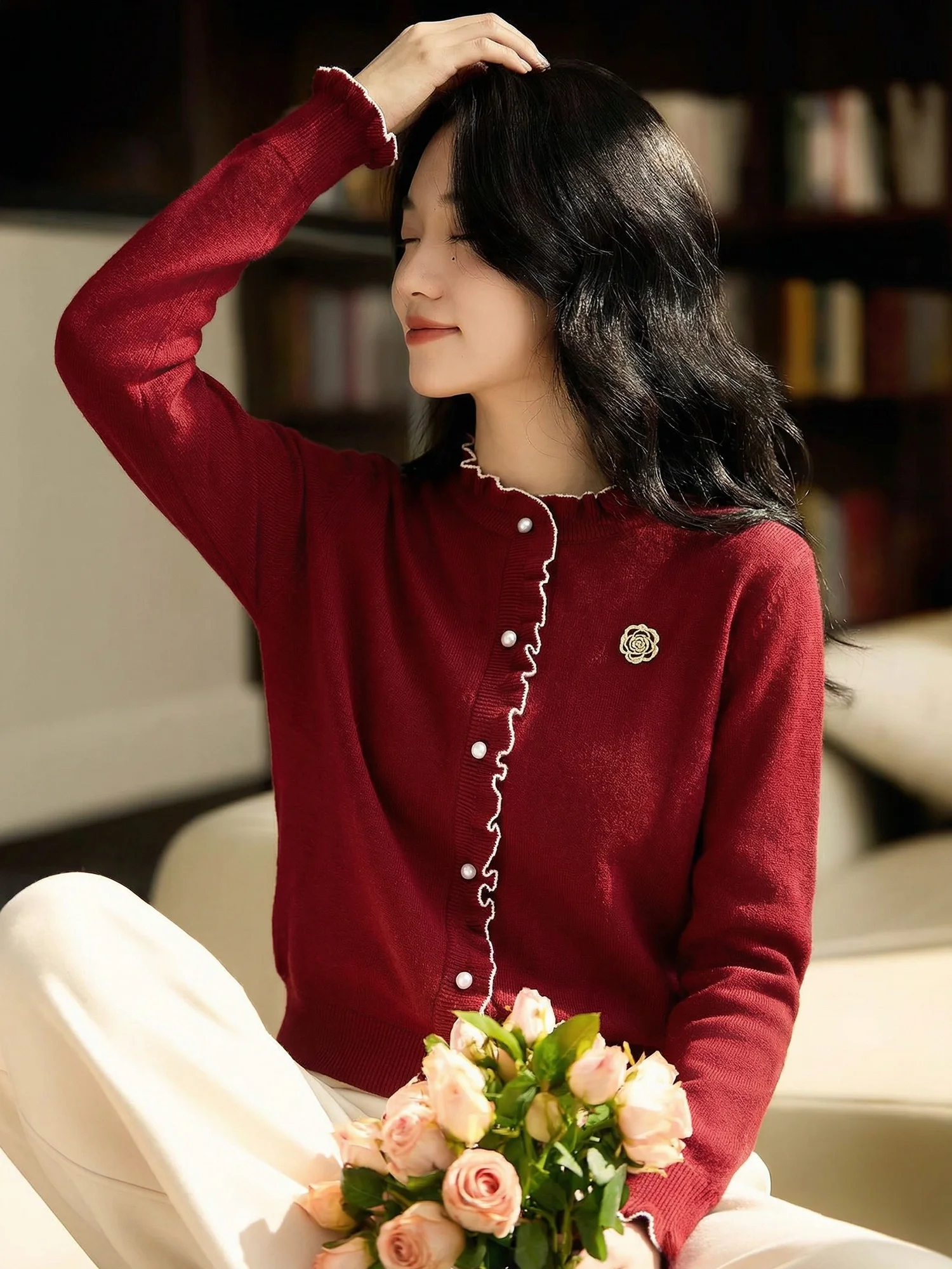 

Chivirin Silk Knitted ort round Ne Sweater Women's Spring Faionable French Sle All-Match Warm Top New Year's Outfit