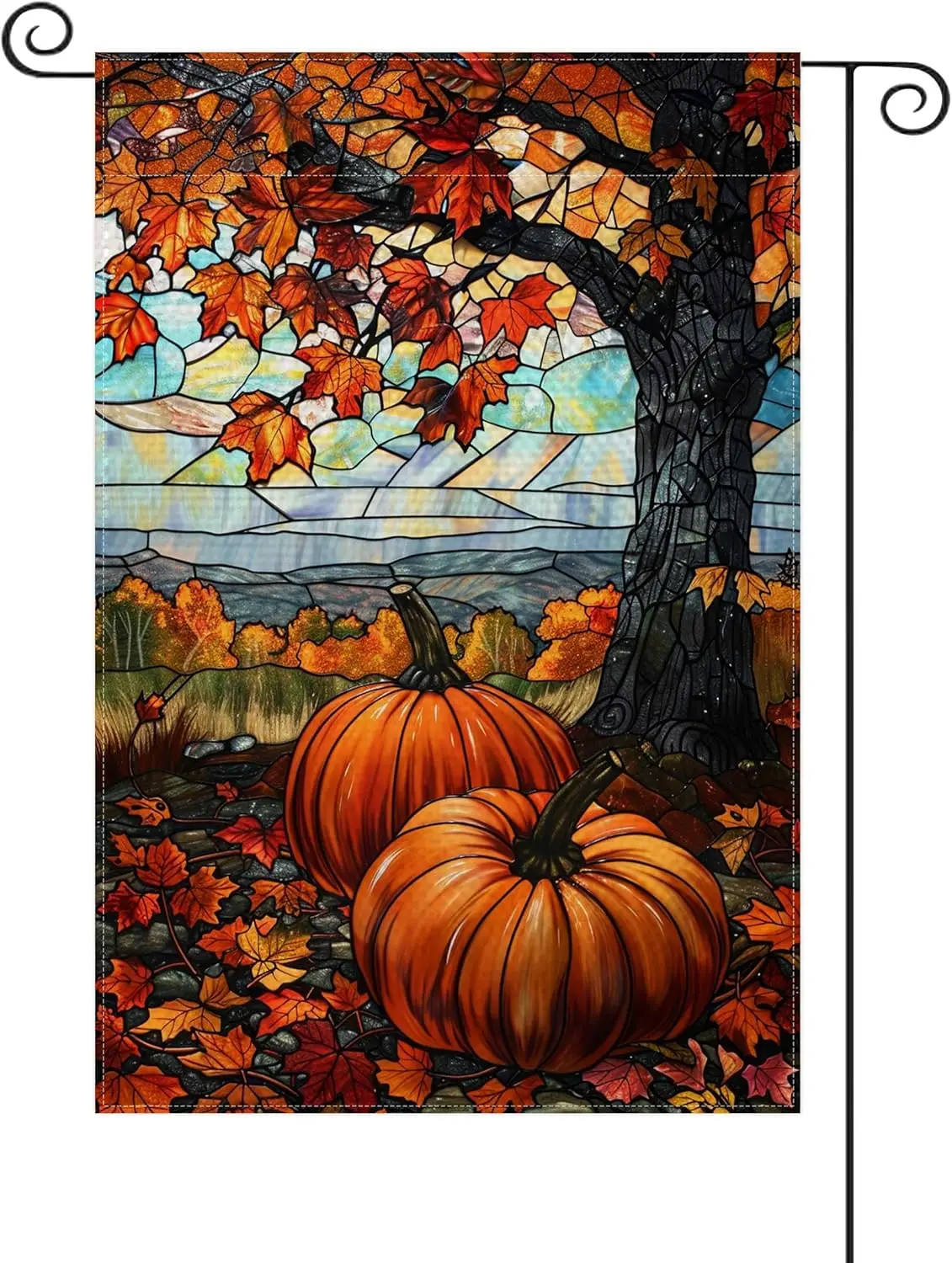 Ticuenicoa 12x18 inch Fall Pumpkin Garden Flag,Stain Glass Autumn Thanksgiving Decoration Maple Leaf Pumpkin Friendsgiving Photo