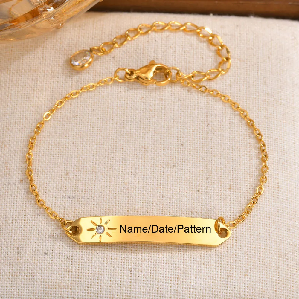 

Free Custom Name Zircon Curved Bracelet for Women Stainless Steel Rolo Chain Engraving Name Date Pattern Bracelets Jewelry Gifts