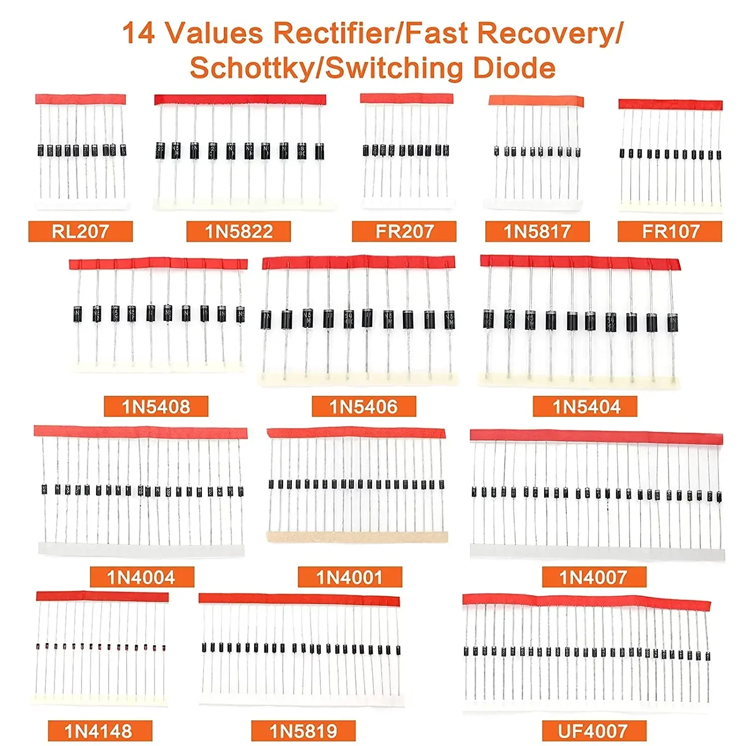 350PCS/box Diodes kit 14Values Rectifier/Fast Recovery/Schottky/Switching Diode Set 1N4001 1N4007 1N4148 RL207 UF4007 FR107 207