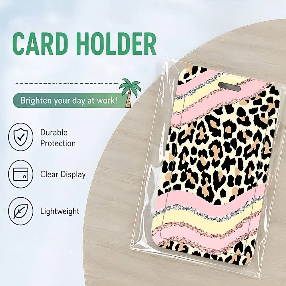 Leopard Print ID Card Holder Cute PVC Badge Holder Cartoon Card Cover Student ID Bus Card Case With Clear Window