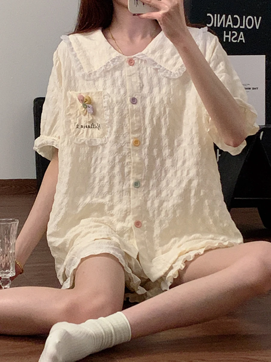 DAIMELU ins haut de gamme pur coton pyjamas femmes nouvel été abricot fleurs doux à manches courtes princesse style étudiant loungewea