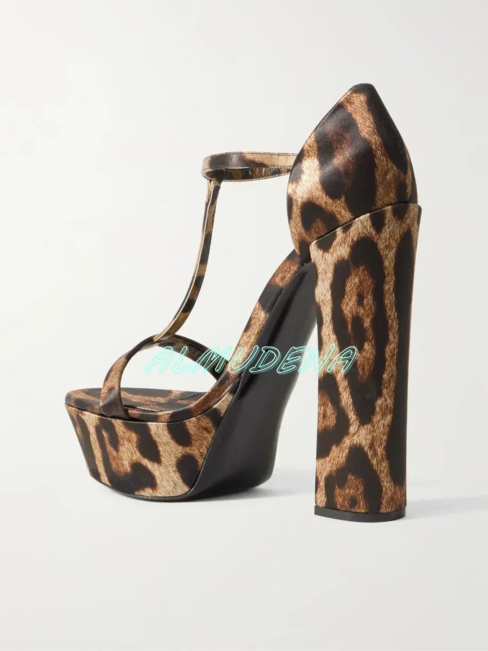 Glossy Leopard-print Satin Sandals Platform Block High Heels T-strapy Girl Summer Shoes 2025 New Arrivals Luxury Outdoors Sexy