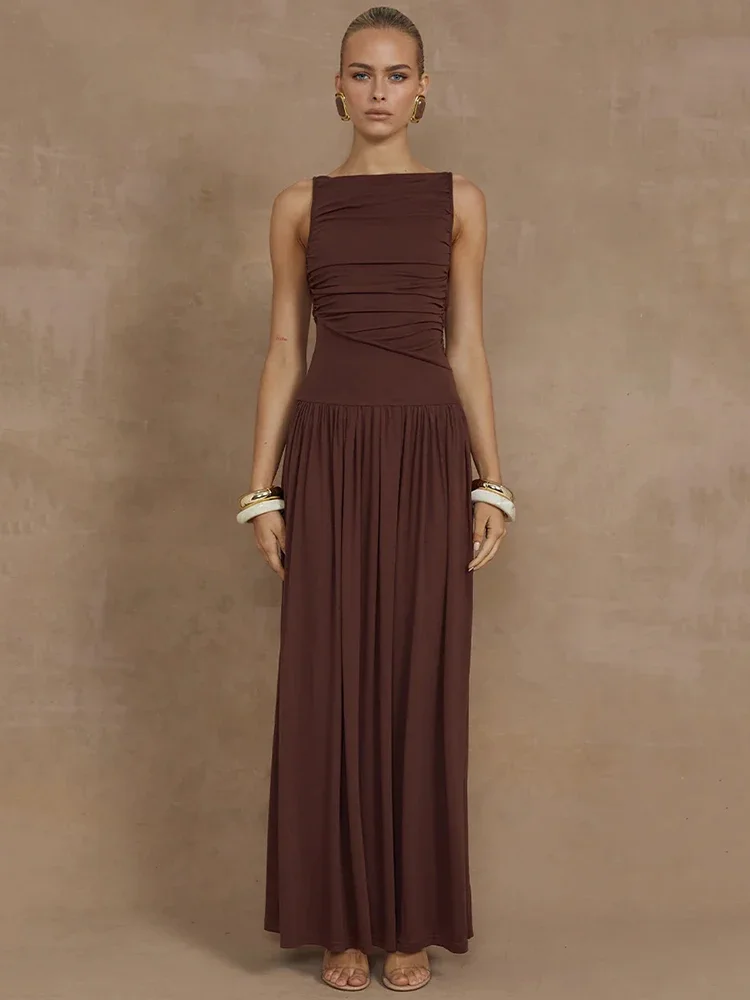 Elegant Sleeveless Maxi Dress For Women Fashion Solid Boat Neck Tank Dresses Ladies Sexy Ruched Long Dress New Gown