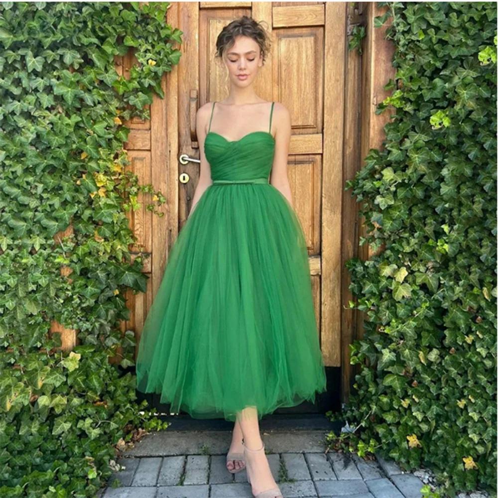 

Pastrol Rose Red Green Women Prom Party Dress Tea Length Sweetheart Spaghetti Strap A-Line Tulle Pretty فساتين حفلة موسيقية