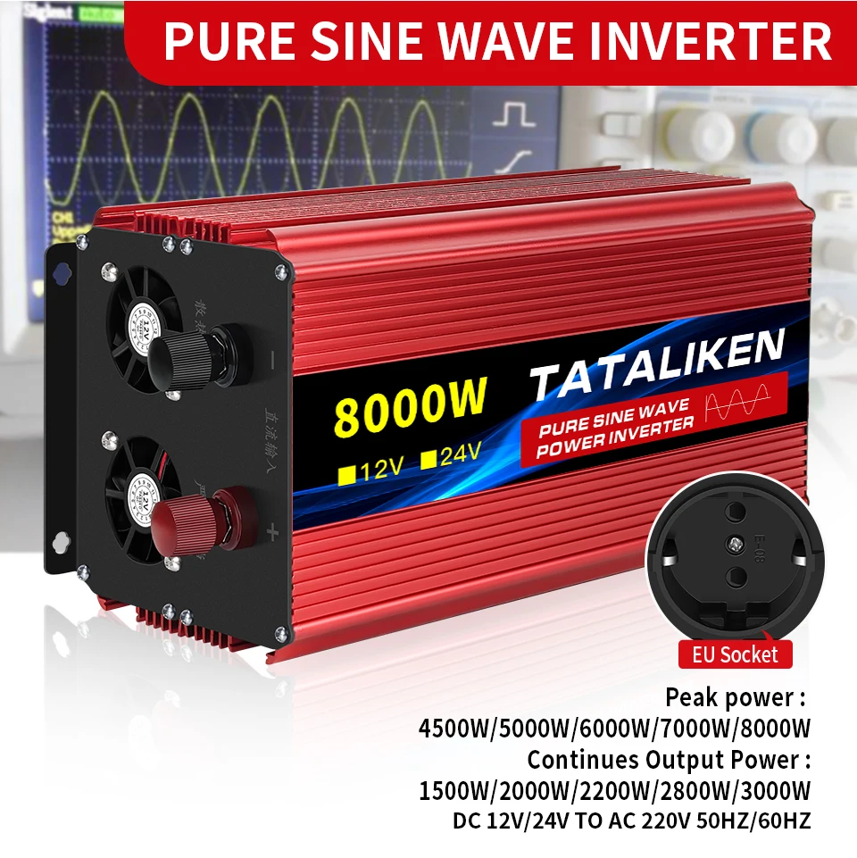 8000W/12000W Pure Sine Wave Inverter DC 12V/24V to AC 220V 50hz Power Inverter Charger Converter Adapter EU Socket