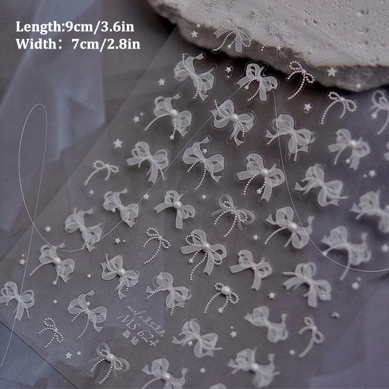 5D White Lace Bow Nail Art Stickers Pearl Rhinestones Nail Decoration Adhesive Decals Slider DIY Accessory
