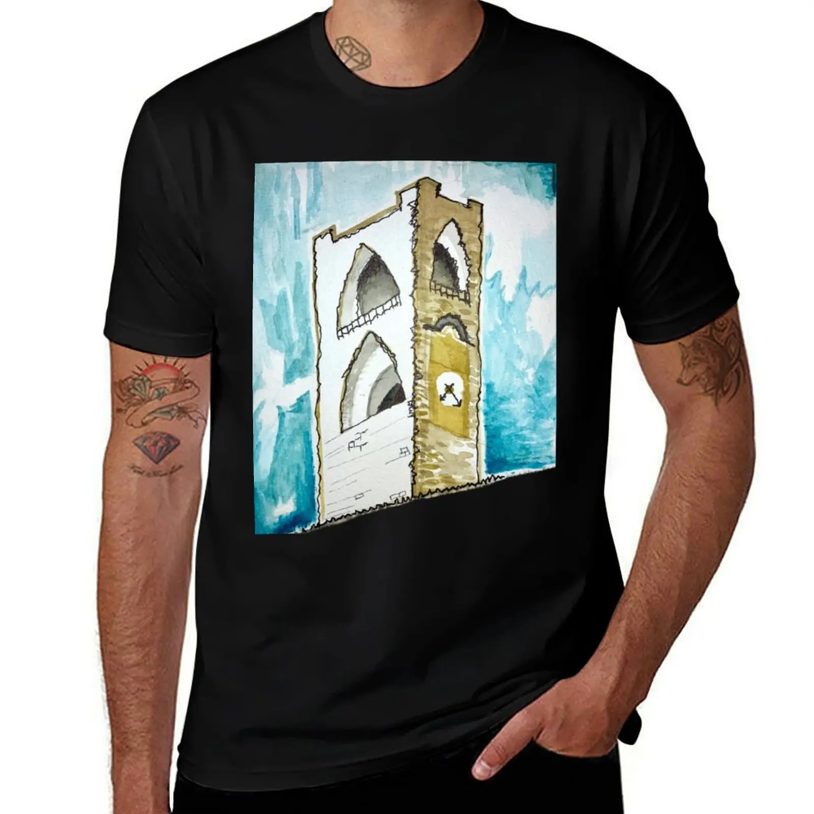 Watercolour of an Italian Clock Tower in Bergamo T-Shirt Relaxed Casual Short Sleeve Tee T-Shirt