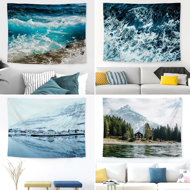 VIKAMA ins Wind Healing Series Tapestry Waves and Snow Mountain Lakes Landscape Wall Hanging Bedroom and Living Room Home Decor