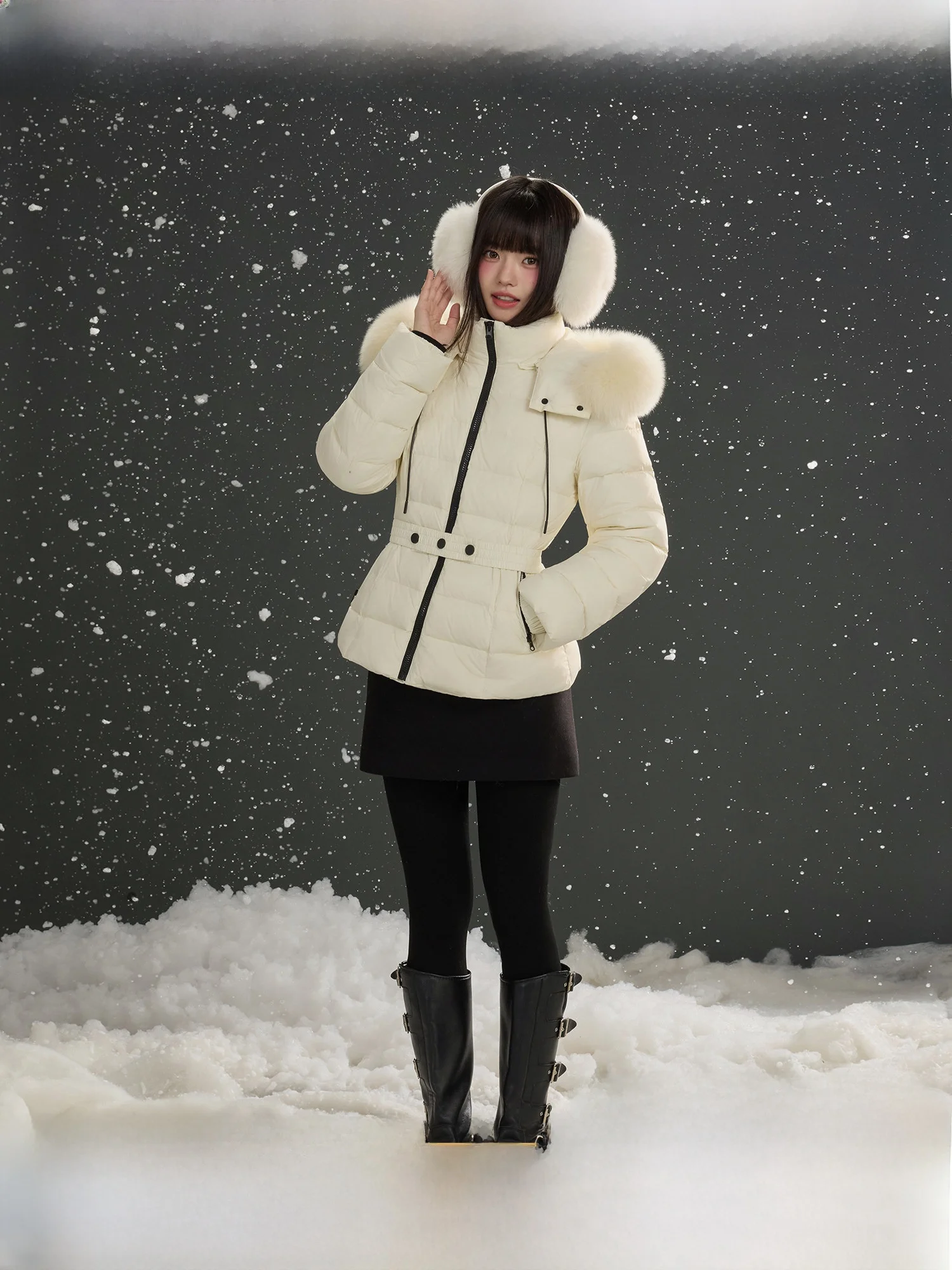 

Dalu 90 White Du down Puffer Jaet with Fur Collar Elastic Waist ort Sle Women's Winter Coat Warm Thiened Zipper...