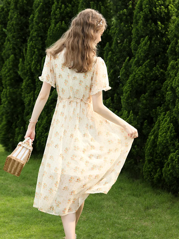 I BELIEVE YOU New Dresses For Women French V-neck Puff Sleeve Floral Dress 2023 Summer Romantic Slim Waist Female Vestidos