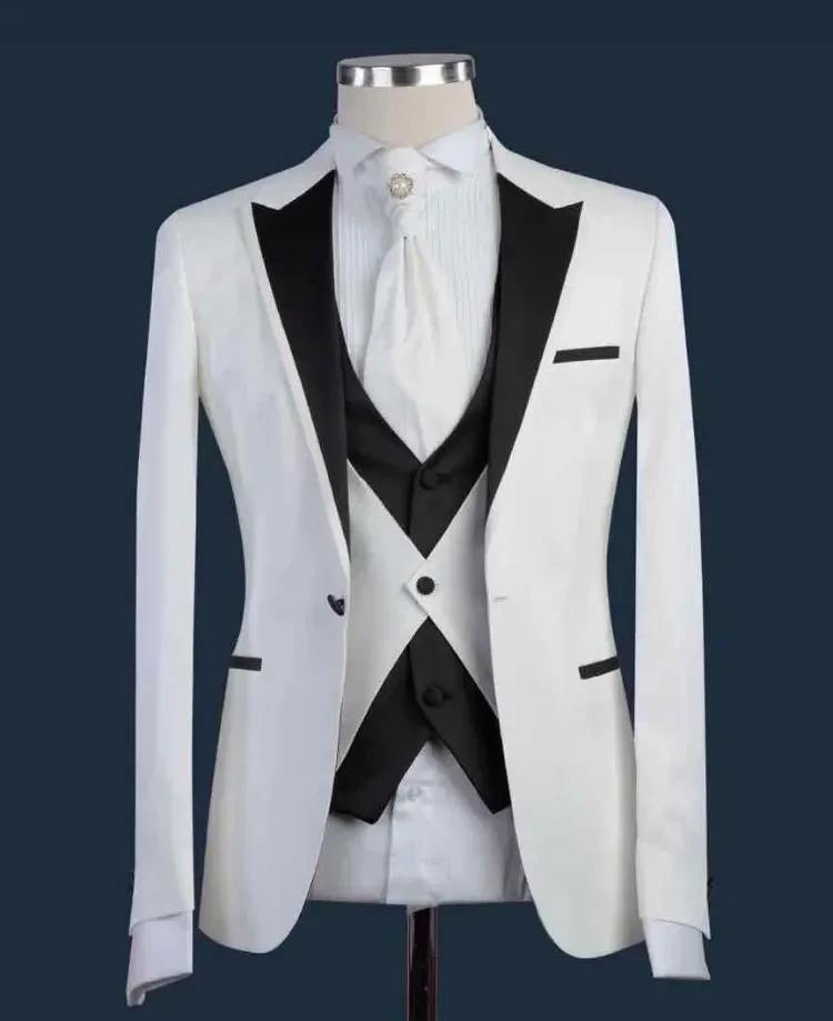 Latest Designs White Elegant Men Suit Groom Tuxedo Prom Slim Fit Blazers Hombre Casual High Quality Custom 3 Piece Set Costume