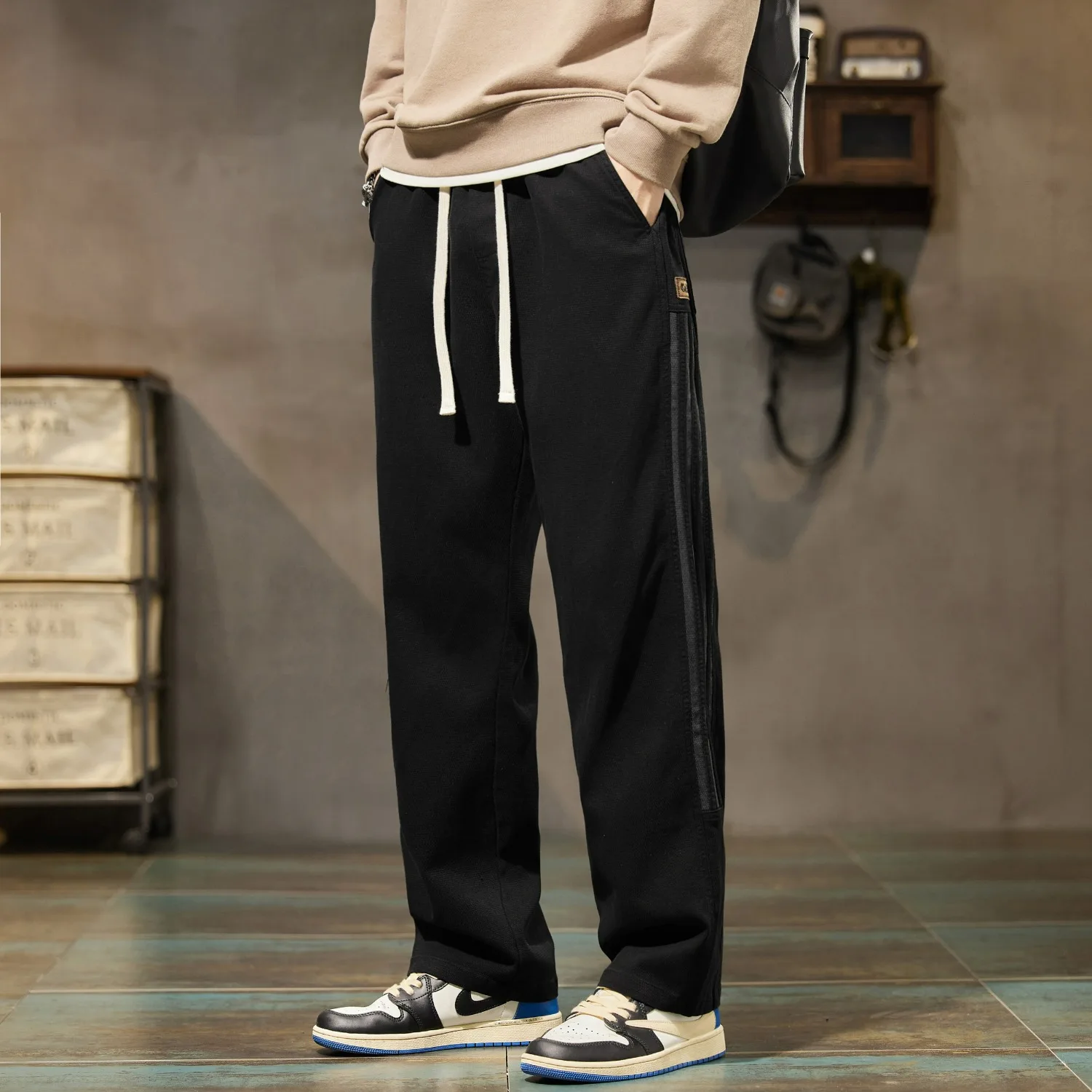 

American Vibe high street wide leg sweatpants men's spring heavyweight straight striped casual pants trendy retro sports pants