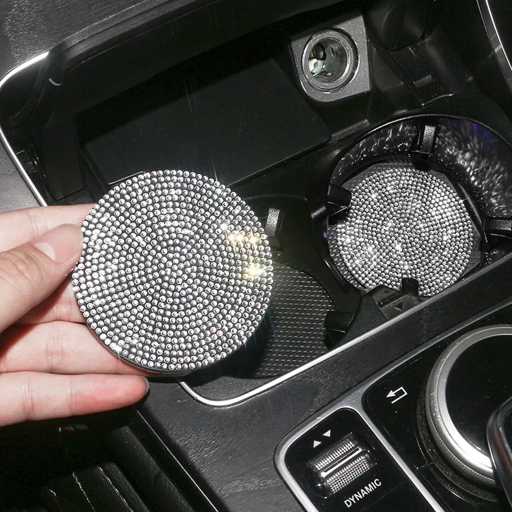 

2 Pcs Non skid PVC Coasters for Car Cup Holders Glitter Rhinestones Decorative Easy Clean Heat Resistant Pad Vehicle
