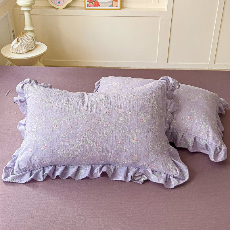 Purple Floral Pillowcase Sweet Ruffle Fringe Edge Pillow Slip 48x74cm Home Bedding Pillow Cover Breathable Pillowslip Home Decor
