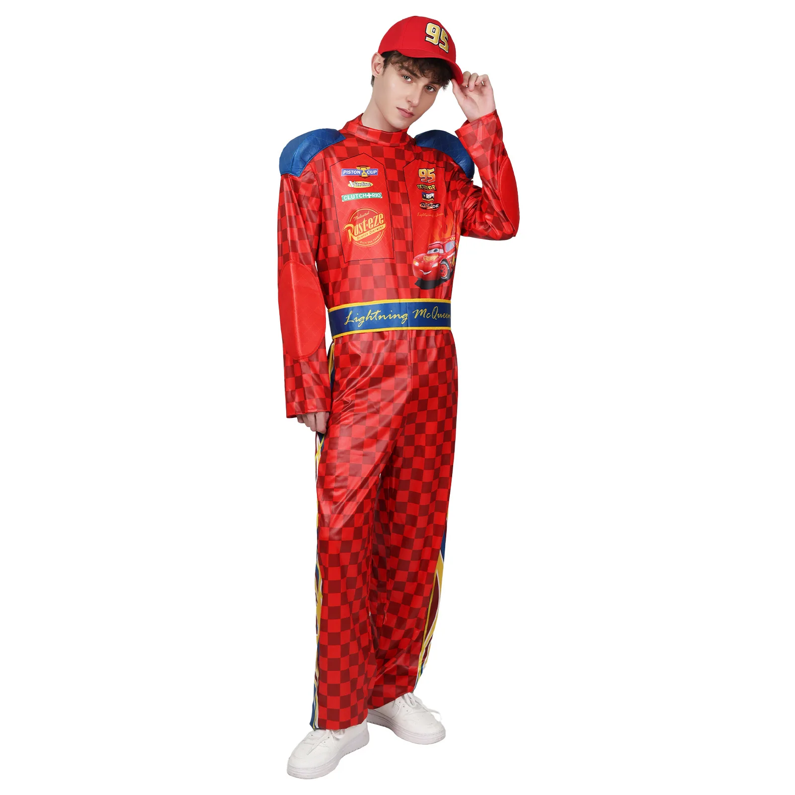 Adult Lightning Racing Driver Costume Men Red 95 Racer Jumpsuit with Hat Cosplay Outfit Halloween Carnival Party view 6