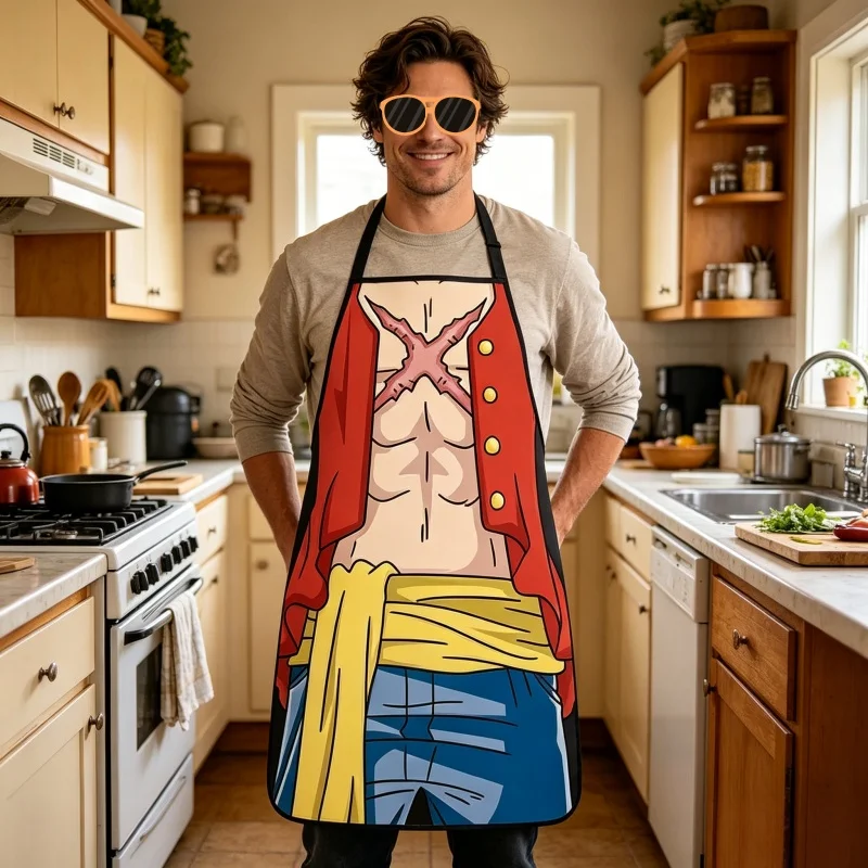 One Pieces Luffy Apron Printed Cartoon Anime Apron Kitchen Cuisine Cooking Baking Household Cleaning Originality Adult Unisex